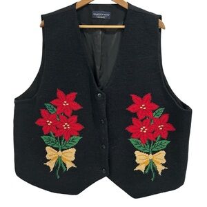 Vintage 90's Eagle's Wool Eye Needlepoint Poinsettia Holiday Christmas Vest - 2X